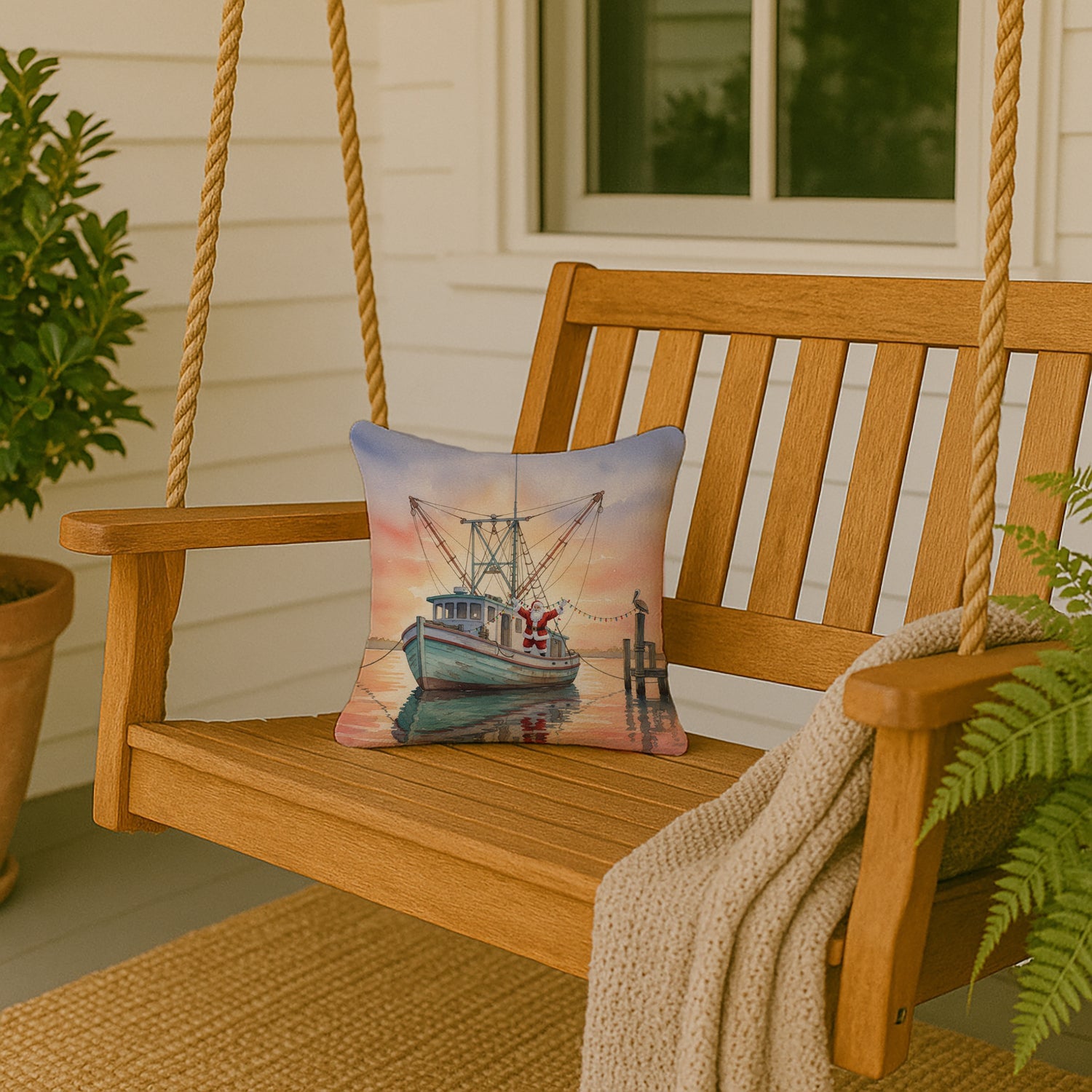Cajun Santa Claus Decorating a Shrimp Boat Christmas Decorative Throw Pillow 14x14 Indoor Outdoor Accent Cushion, Fabric Cover with Insert for Sofa, Bed, Porch & Living Room