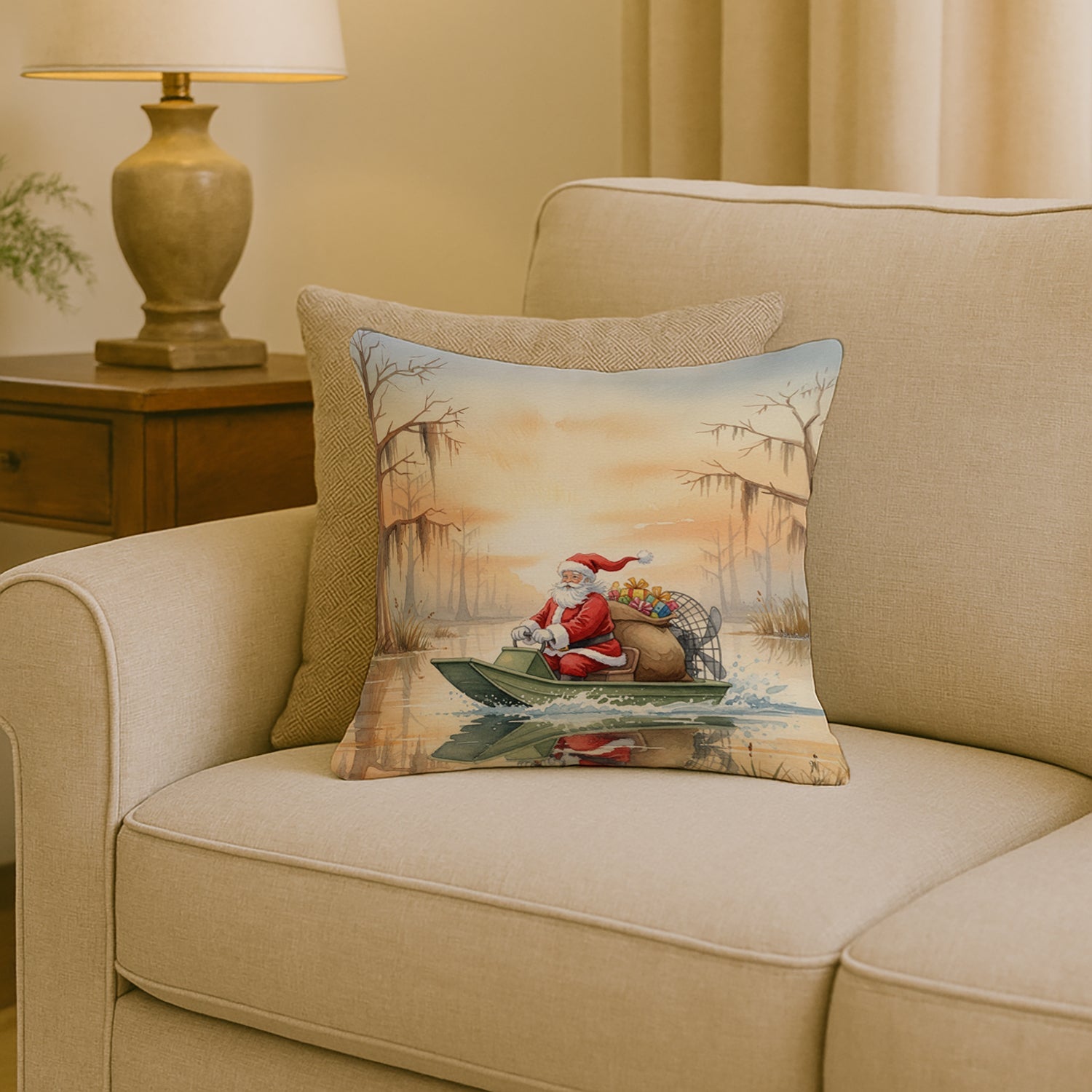 Cajun Santa Claus Delivering Gifts by Airboat Christmas Decorative Throw Pillow 18x18 Indoor Outdoor Accent Cushion, Fabric Cover with Insert for Sofa, Bed, Porch & Living Room