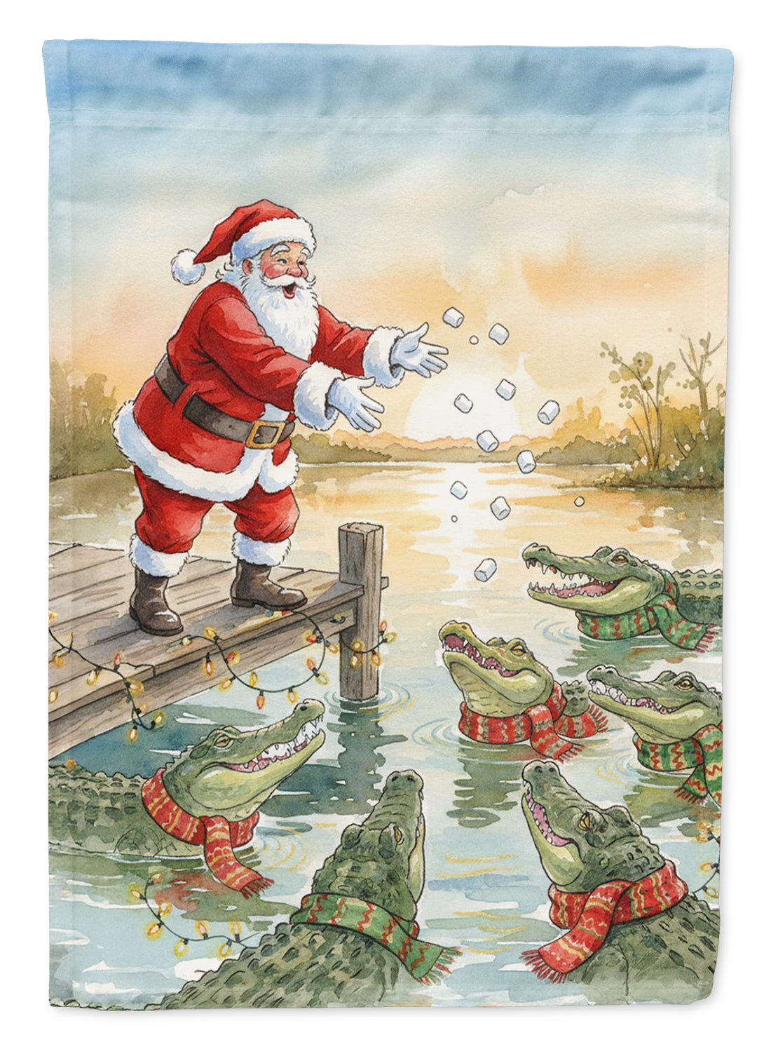 Cajun Santa Claus Feeding the Gators Christmas House Flag 28x40 Porch Sleeve Pole Decorative Outside Yard Banner Artwork Wall Hanging, Polyester