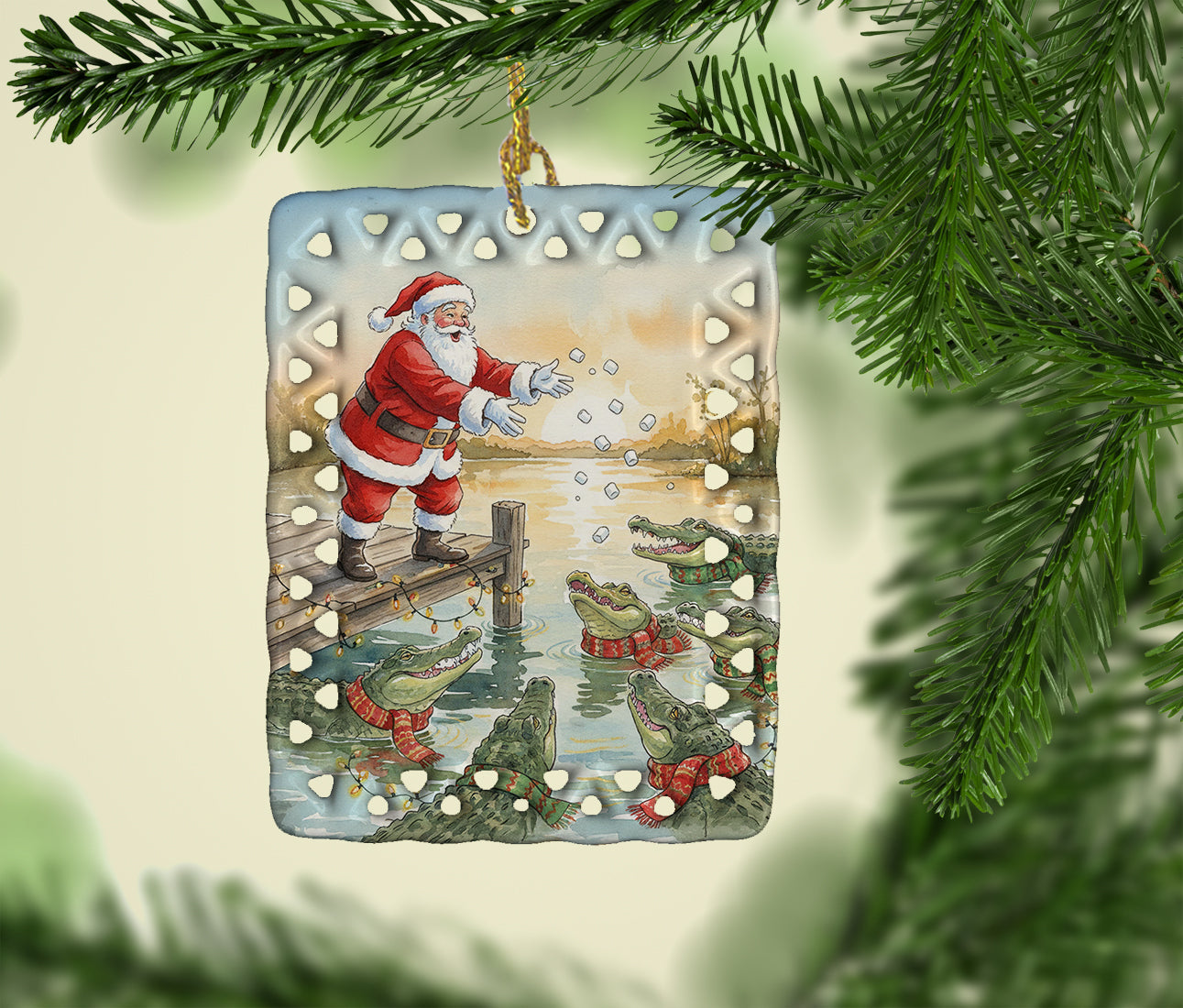 Cajun Santa Claus Feeding the Gators Christmas Porcelain Ornament Christmas Tree Hanging Decorations for Home Christmas Holiday, Rectangle, Gift, Multicolor