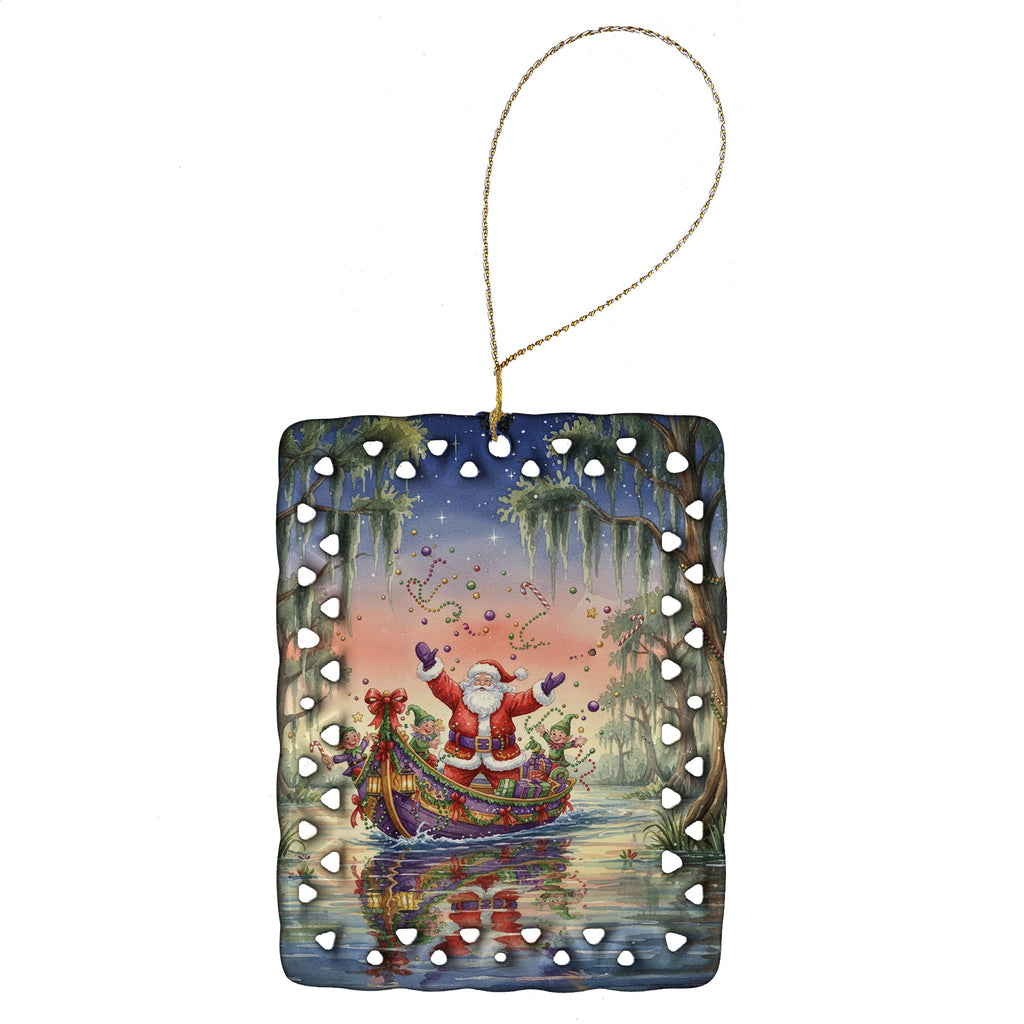 Cajun Santa Claus in the Bayou Christmas Parade Christmas Porcelain Ornament Christmas Tree Hanging Decorations for Home Christmas Holiday, Rectangle, Gift, Multicolor