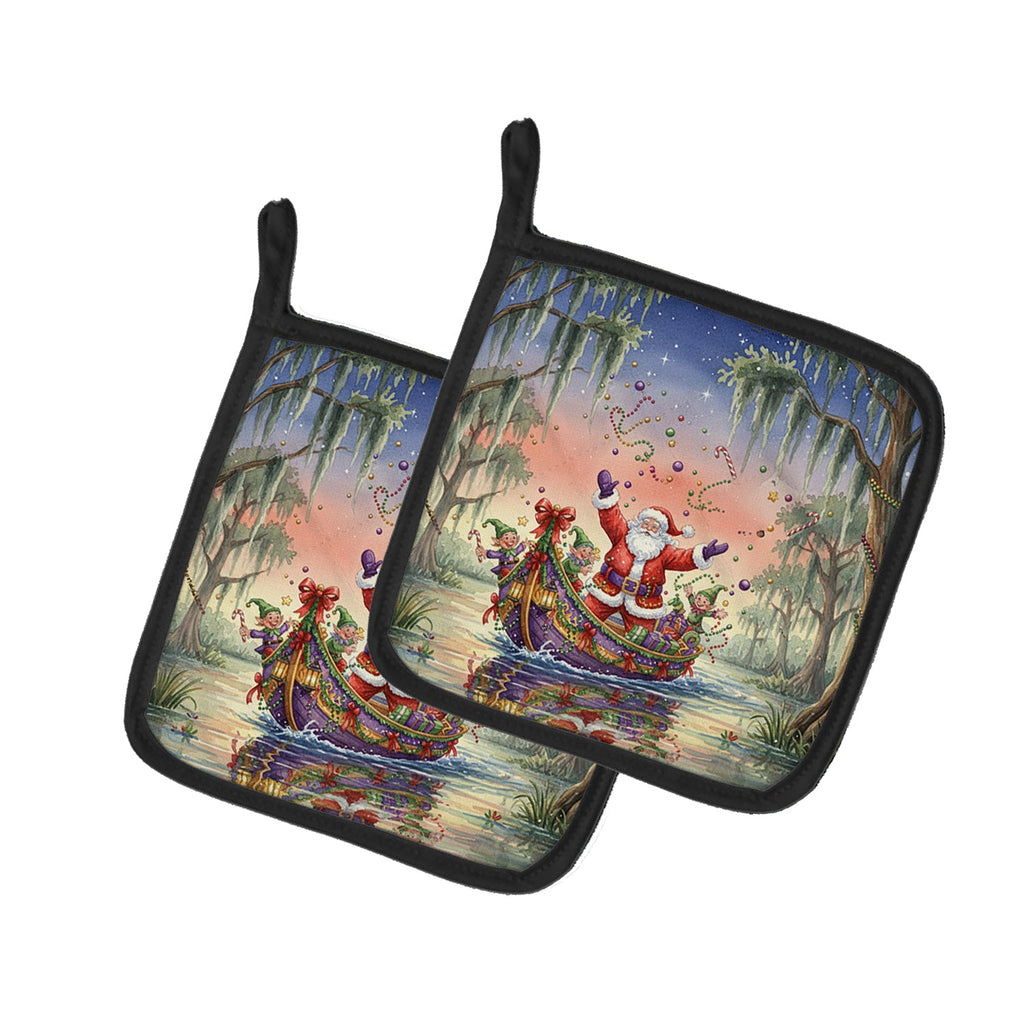 Cajun Santa Claus in the Bayou Christmas Parade Christmas Pot Holder Set of 2 Heat Resistant Quilted Hot Pads 7.5 x 7.5 Inch, Insulated Kitchen Trivets for Cooking & Baking