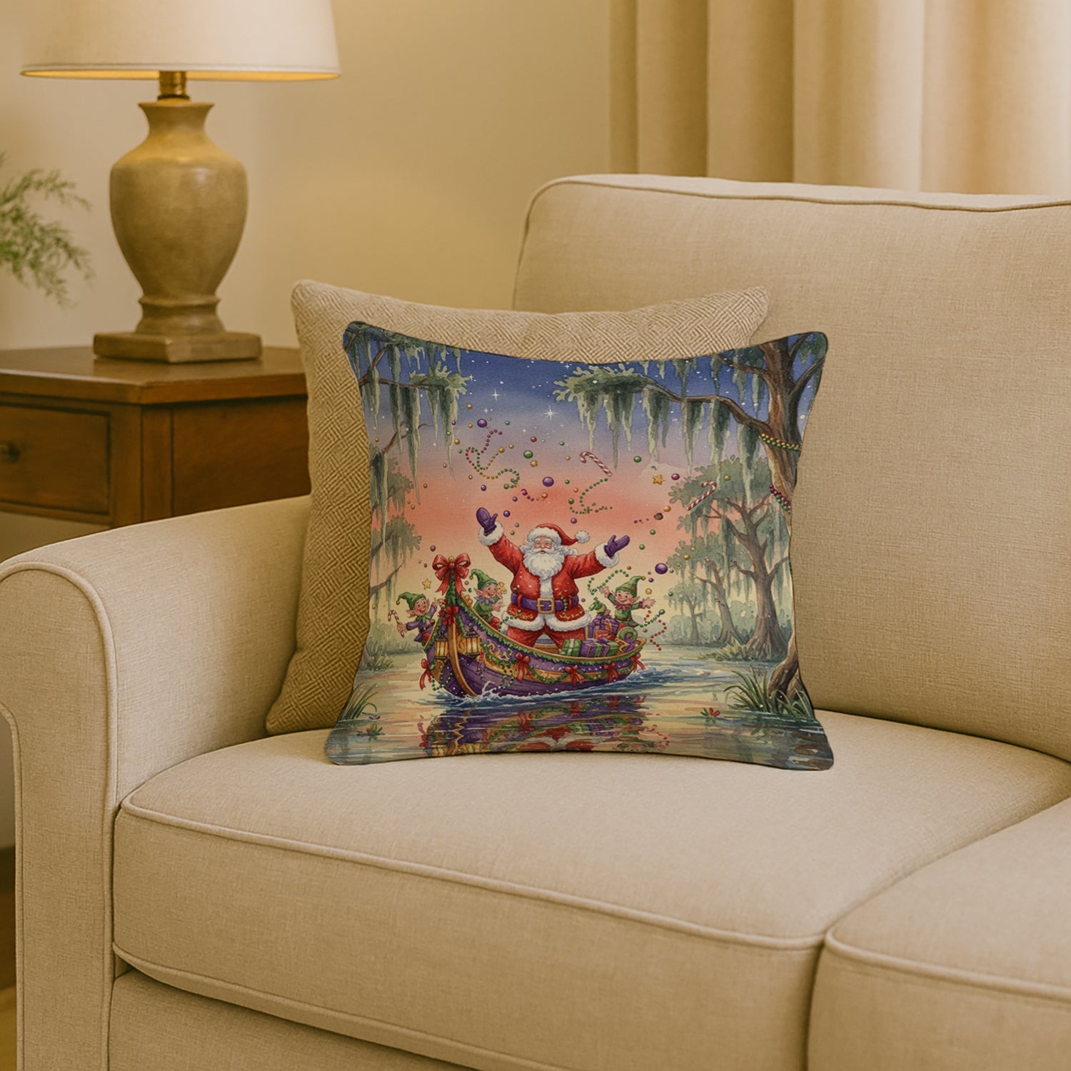 Cajun Santa Claus in the Bayou Christmas Parade Christmas Decorative Throw Pillow 18x18 Indoor Outdoor Accent Cushion, Fabric Cover with Insert for Sofa, Bed, Porch & Living Room
