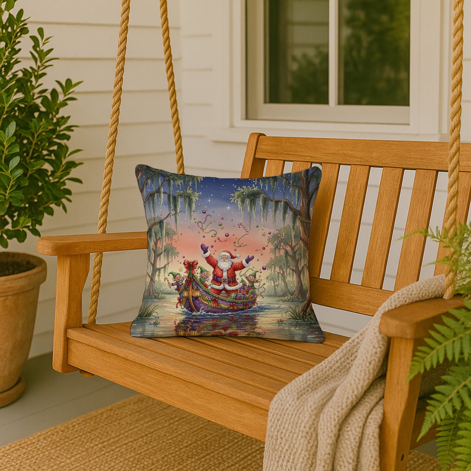 Cajun Santa Claus in the Bayou Christmas Parade Christmas Decorative Throw Pillow 18x18 Indoor Outdoor Accent Cushion, Fabric Cover with Insert for Sofa, Bed, Porch & Living Room