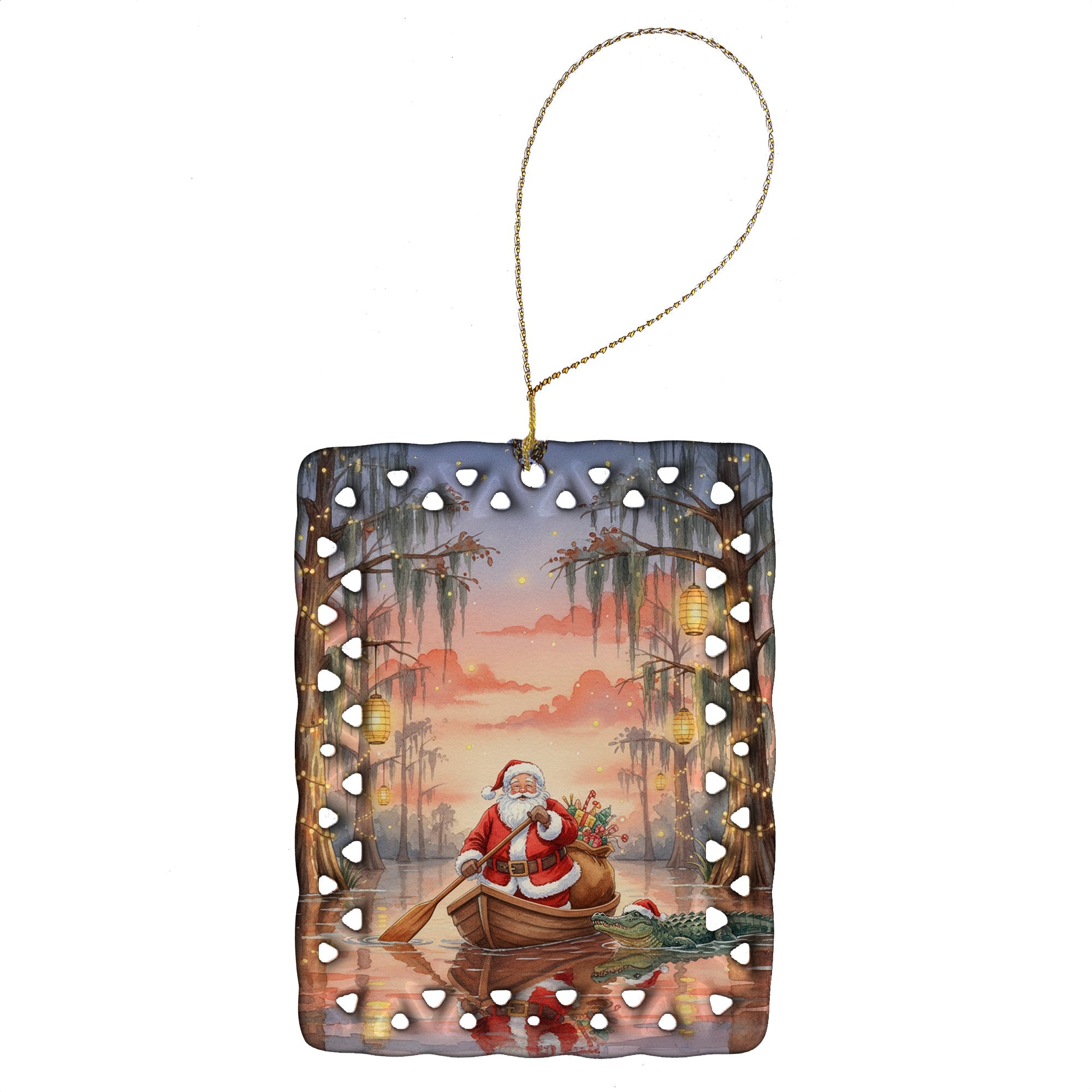 Cajun Santa Claus in the Pirogue Christmas Porcelain Ornament Christmas Tree Hanging Decorations for Home Christmas Holiday, Rectangle, Gift, Multicolor