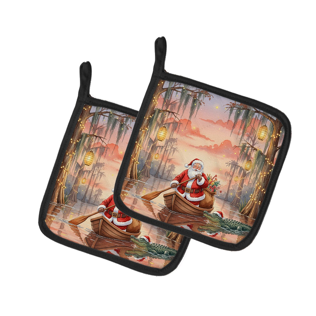 Cajun Santa Claus in the Pirogue Christmas Pot Holder Set of 2 Heat Resistant Quilted Hot Pads 7.5 x 7.5 Inch, Insulated Kitchen Trivets for Cooking & Baking