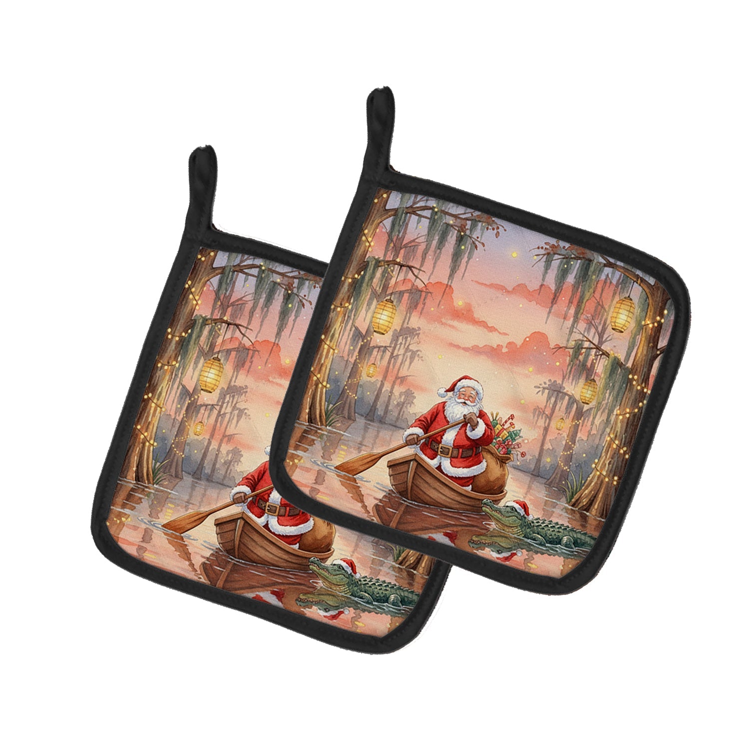 Cajun Santa Claus in the Pirogue Christmas Pot Holder Set of 2 Heat Resistant Quilted Hot Pads 7.5 x 7.5 Inch, Insulated Kitchen Trivets for Cooking & Baking