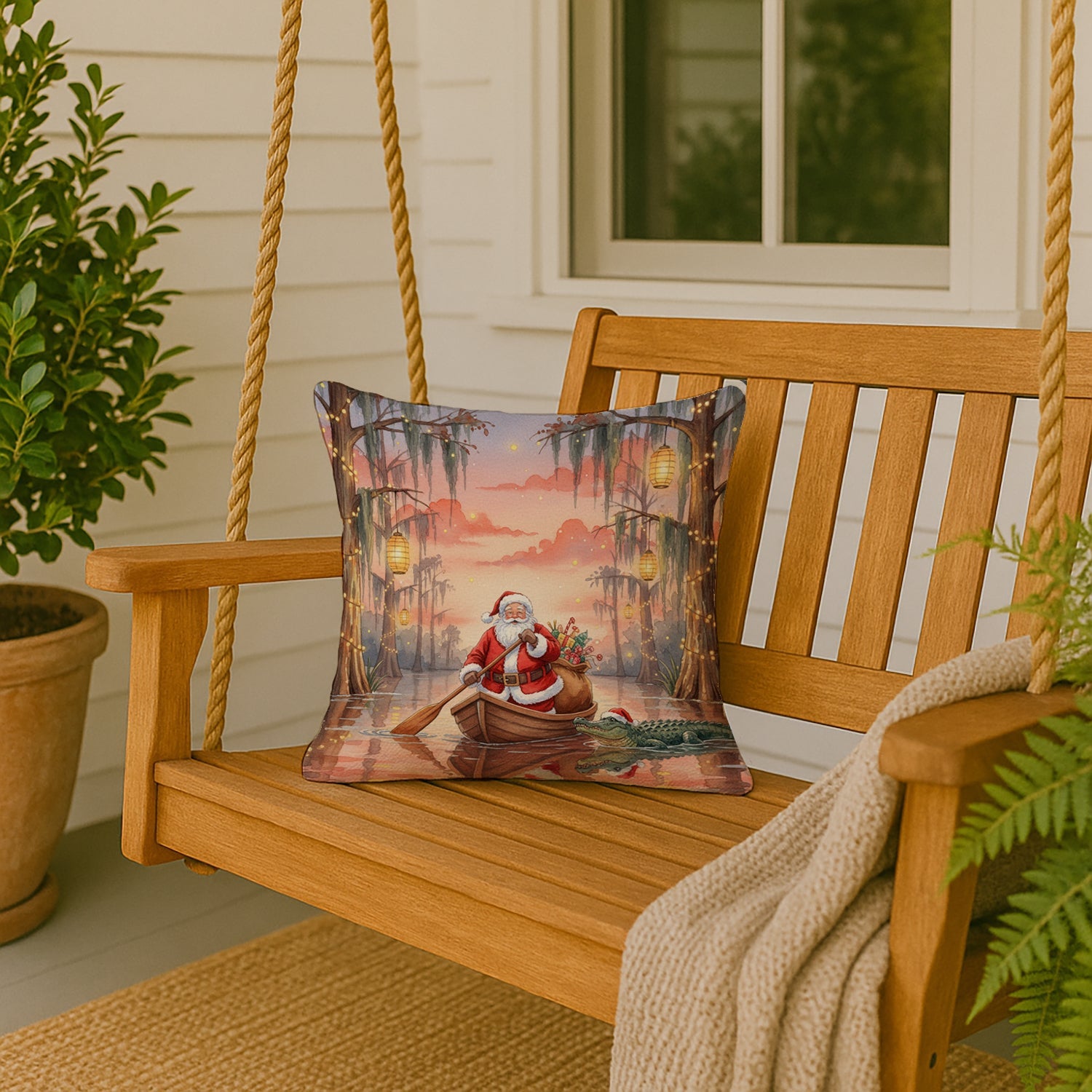 Cajun Santa Claus in the Pirogue Christmas Decorative Throw Pillow 18x18 Indoor Outdoor Accent Cushion, Fabric Cover with Insert for Sofa, Bed, Porch & Living Room