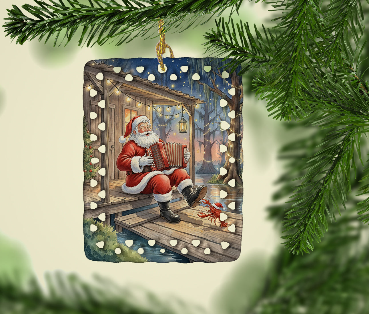 Cajun Santa Claus Playing Zydeco Christmas Porcelain Ornament Christmas Tree Hanging Decorations for Home Christmas Holiday, Rectangle, Gift, Multicolor
