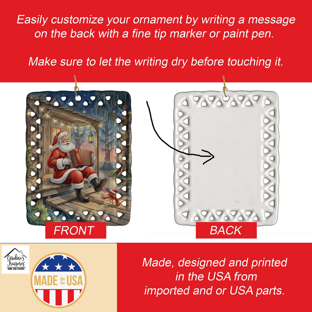 Cajun Santa Claus Playing Zydeco Christmas Porcelain Ornament Christmas Tree Hanging Decorations for Home Christmas Holiday, Rectangle, Gift, Multicolor