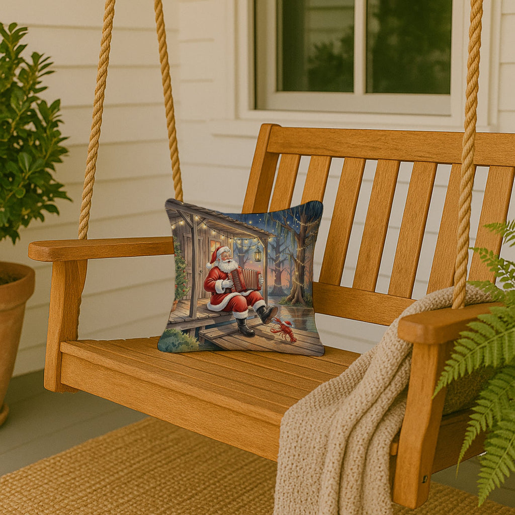 Cajun Santa Claus Playing Zydeco Christmas Decorative Throw Pillow 14x14 Indoor Outdoor Accent Cushion, Fabric Cover with Insert for Sofa, Bed, Porch & Living Room