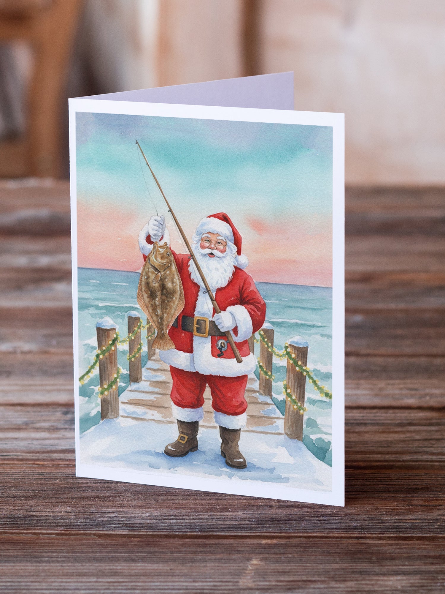 Fishing Santa Claus with Flounder Christmas Greeting Cards Pack of 8 Blank Cards with Envelopes Whimsical A7 Size 5x7