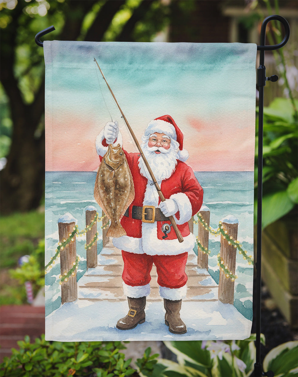 Fishing Santa Claus with Flounder Christmas Garden Flag Mailbox Decorative Yard Banner Outside Patio Artwork for Flower Beds, Garden Size, Multicolor