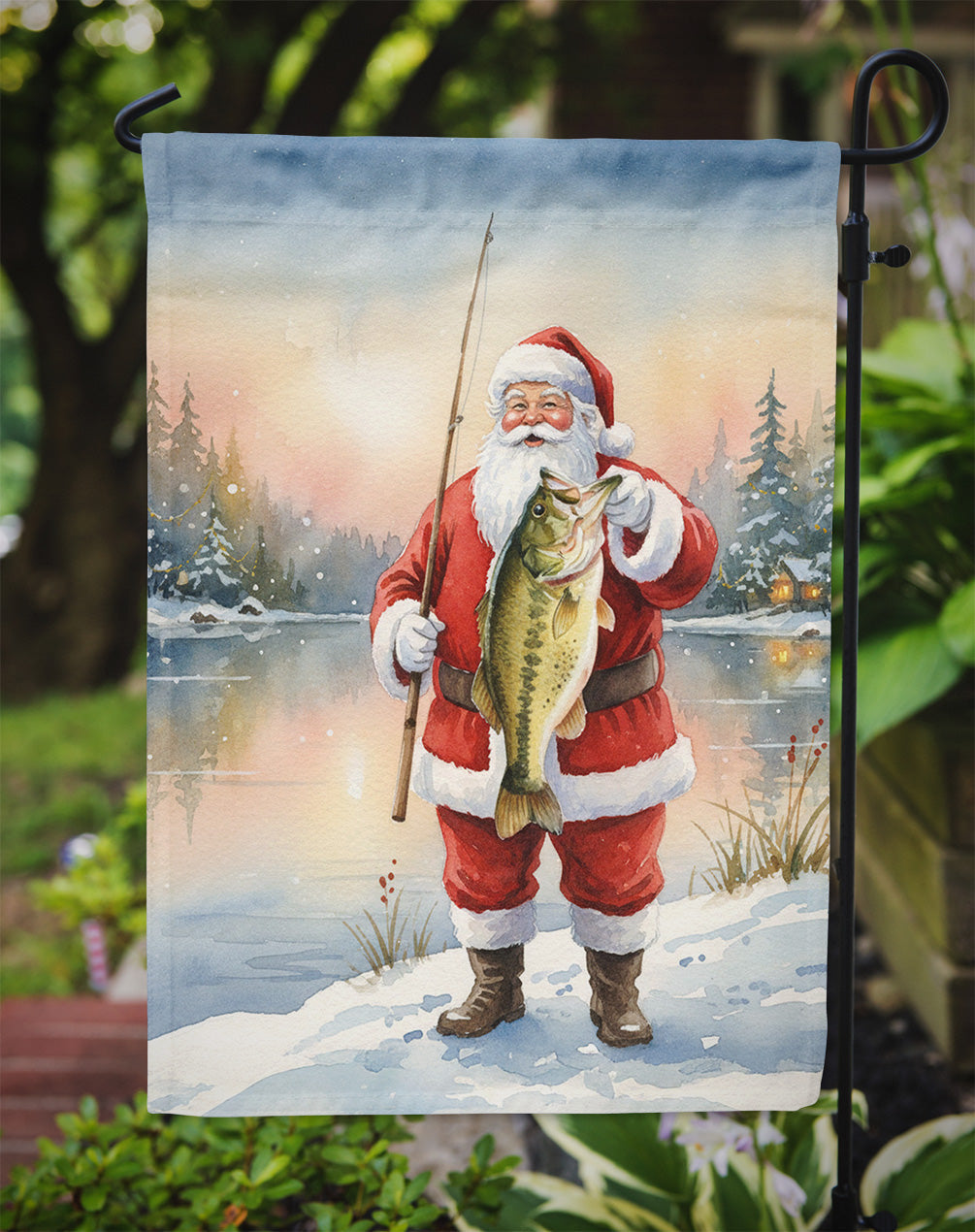 Fishing Santa Claus with Largemouth Bass Christmas Garden Flag Mailbox Decorative Yard Banner Outside Patio Artwork for Flower Beds, Garden Size, Multicolor