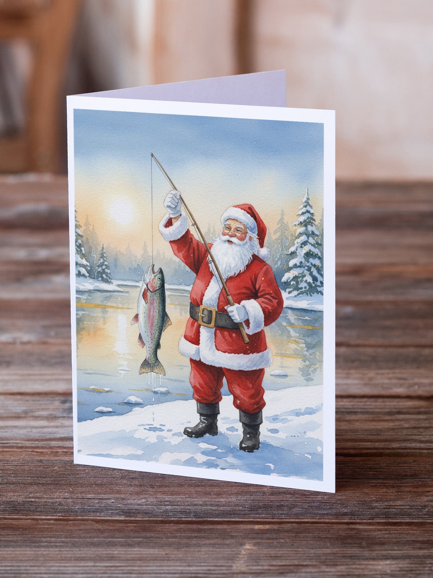 Fishing Santa Claus with Rainbow Trout Christmas Greeting Cards Pack of 8 Blank Cards with Envelopes Whimsical A7 Size 5x7