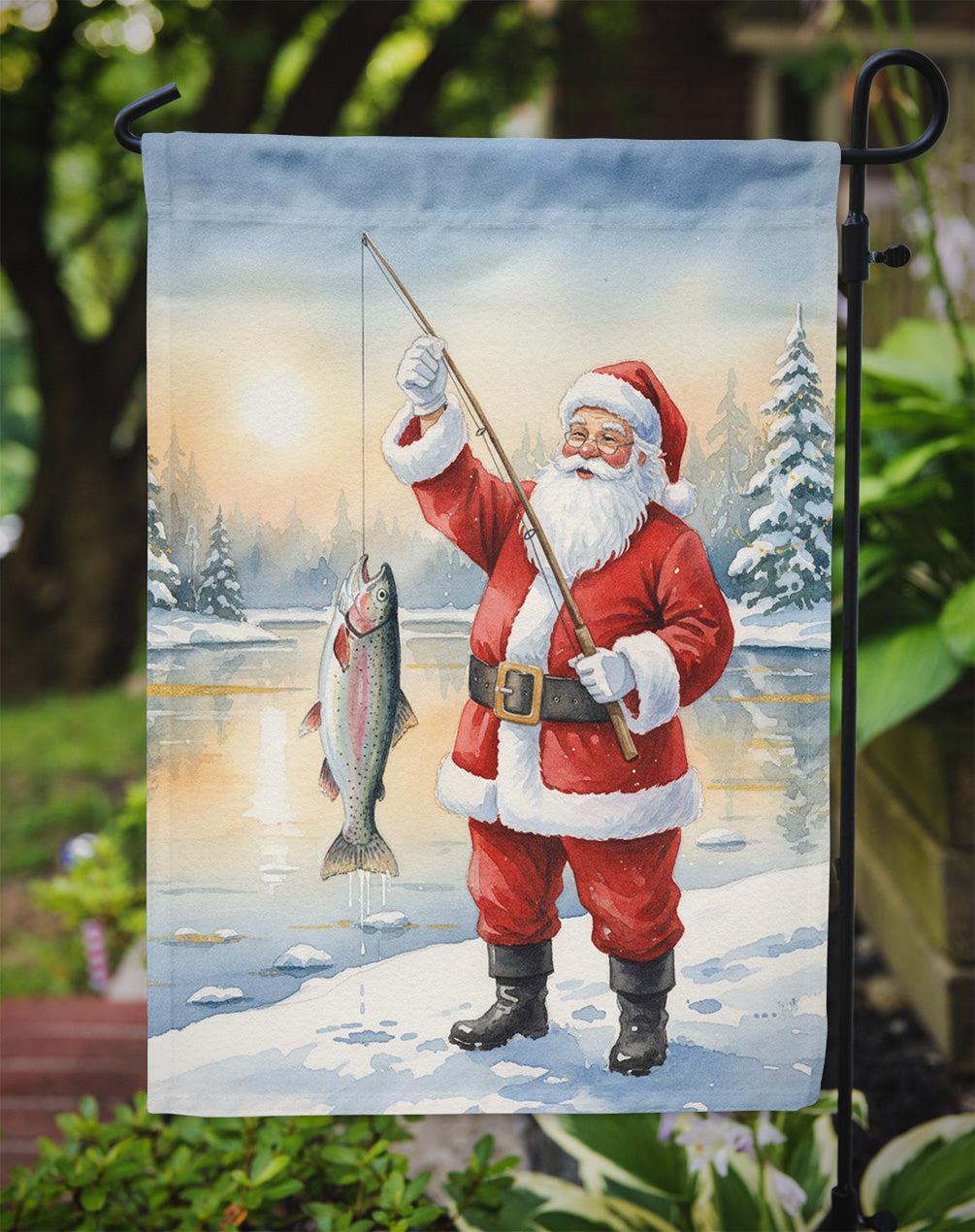 Fishing Santa Claus with Rainbow Trout Christmas Garden Flag Mailbox Decorative Yard Banner Outside Patio Artwork for Flower Beds, Garden Size, Multicolor