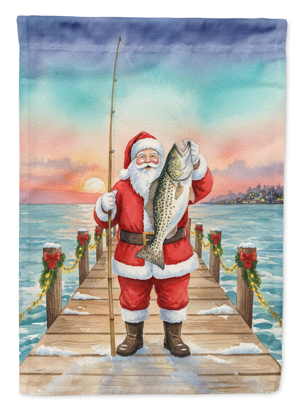 Fishing Santa Claus with Speckled Trout Christmas House Flag 28x40 Porch Sleeve Pole Decorative Outside Yard Banner Artwork Wall Hanging, Polyester