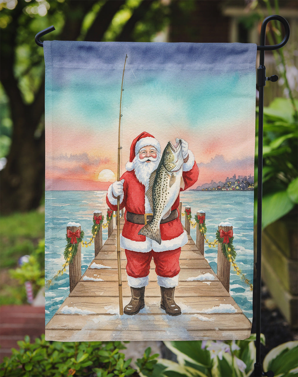 Fishing Santa Claus with Speckled Trout Christmas Garden Flag Mailbox Decorative Yard Banner Outside Patio Artwork for Flower Beds, Garden Size, Multicolor