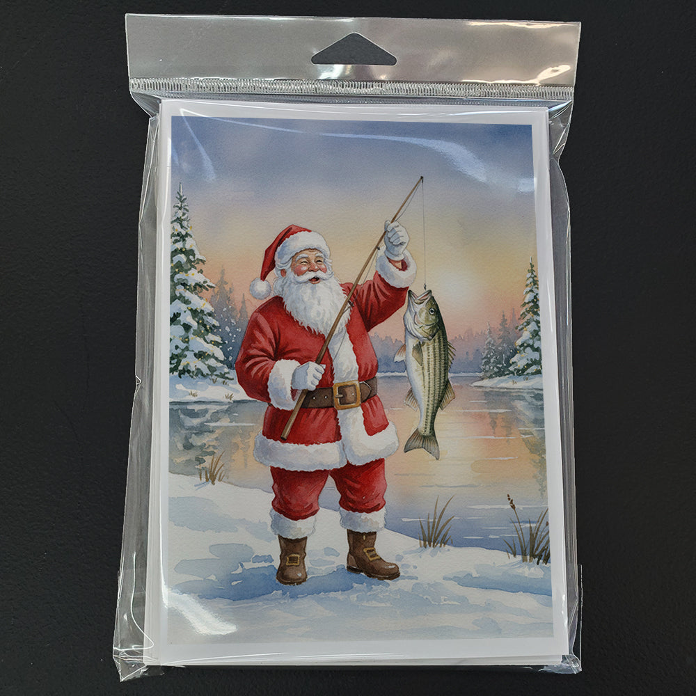 Fishing Santa Claus with Striped Bass Christmas Greeting Cards Pack of 8 Blank Cards with Envelopes Whimsical A7 Size 5x7