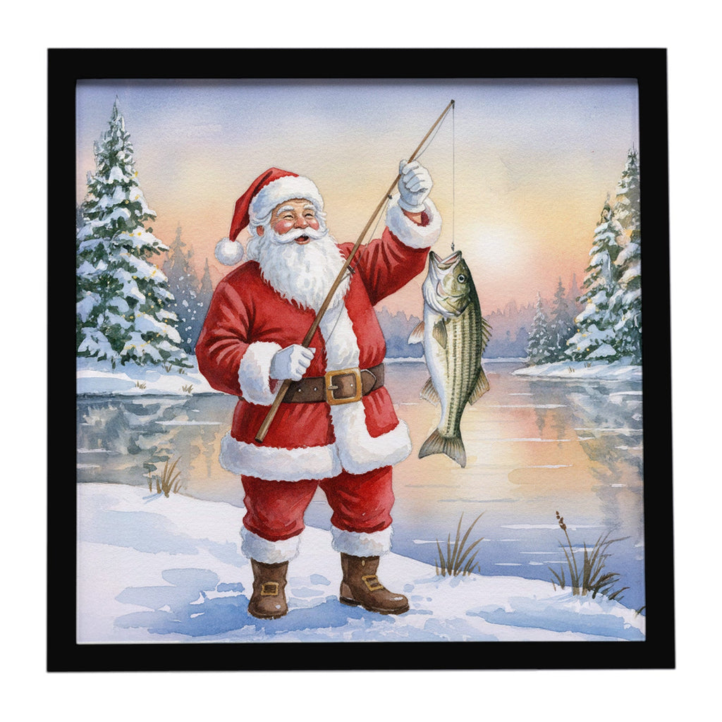 Fishing Santa Claus with Striped Bass Christmas Framed Metal Print Bathroom, Kitchen, Office, Home Decor Wall Art Ready to Hang, Square, 8X8