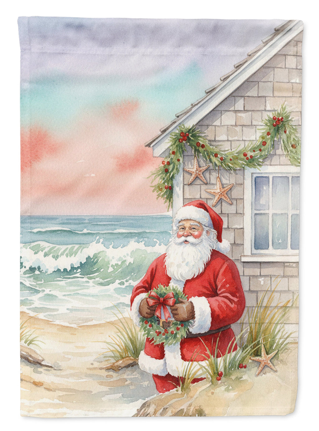 Santa Claus by the Seaside Cottage Christmas House Flag 28x40 Porch Sleeve Pole Decorative Outside Yard Banner Artwork Wall Hanging, Polyester