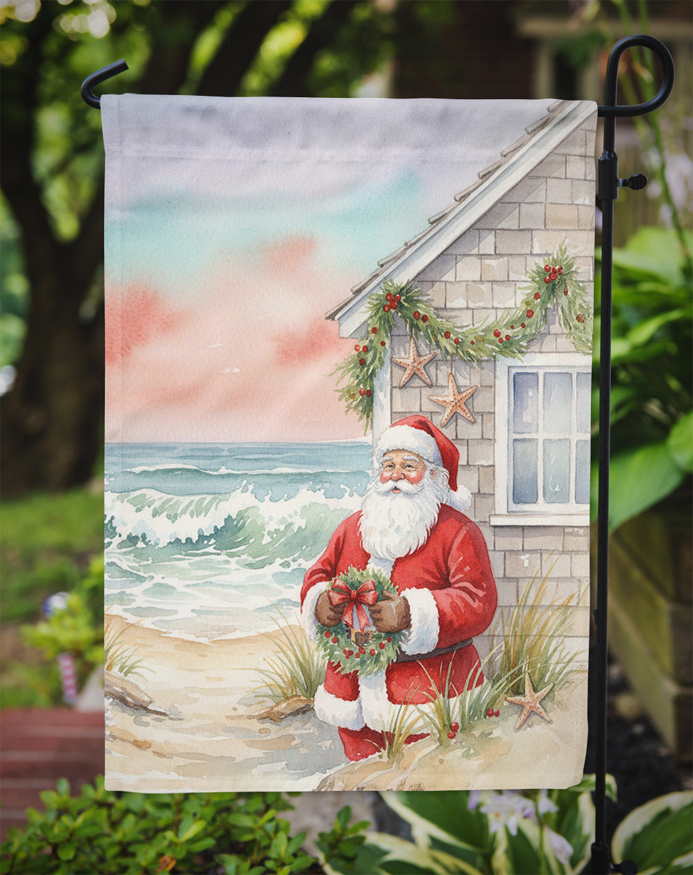 Santa Claus by the Seaside Cottage Christmas Garden Flag Mailbox Decorative Yard Banner Outside Patio Artwork for Flower Beds, Garden Size, Multicolor