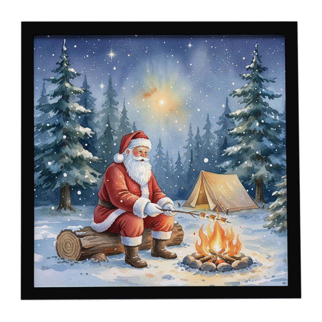 Santa Claus Camping by the Fire Christmas Framed Metal Print Bathroom, Kitchen, Office, Home Decor Wall Art Ready to Hang, Square, 8X8