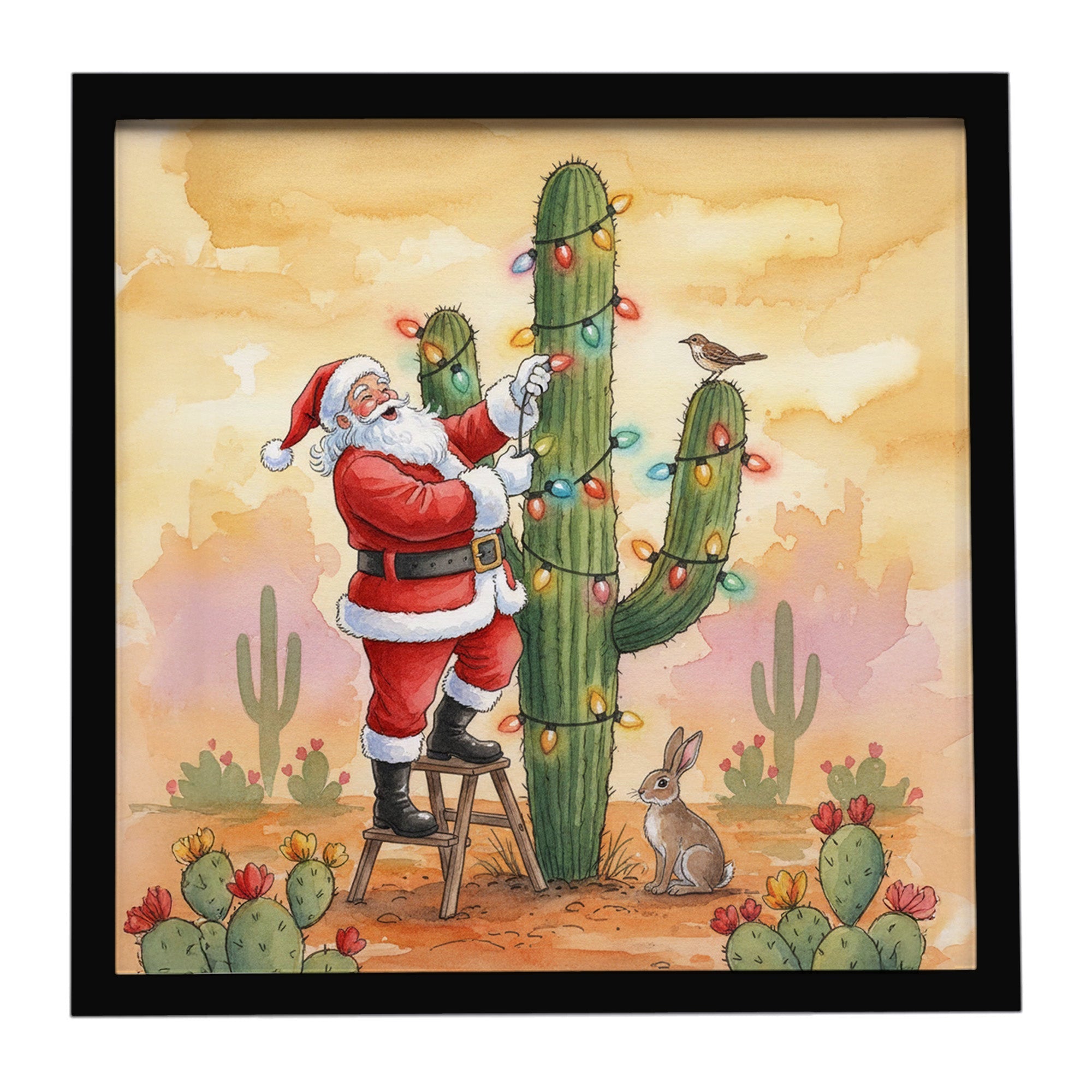 Santa Claus Decorating a Cactus Christmas Framed Metal Print Bathroom, Kitchen, Office, Home Decor Wall Art Ready to Hang, Square, 8X8