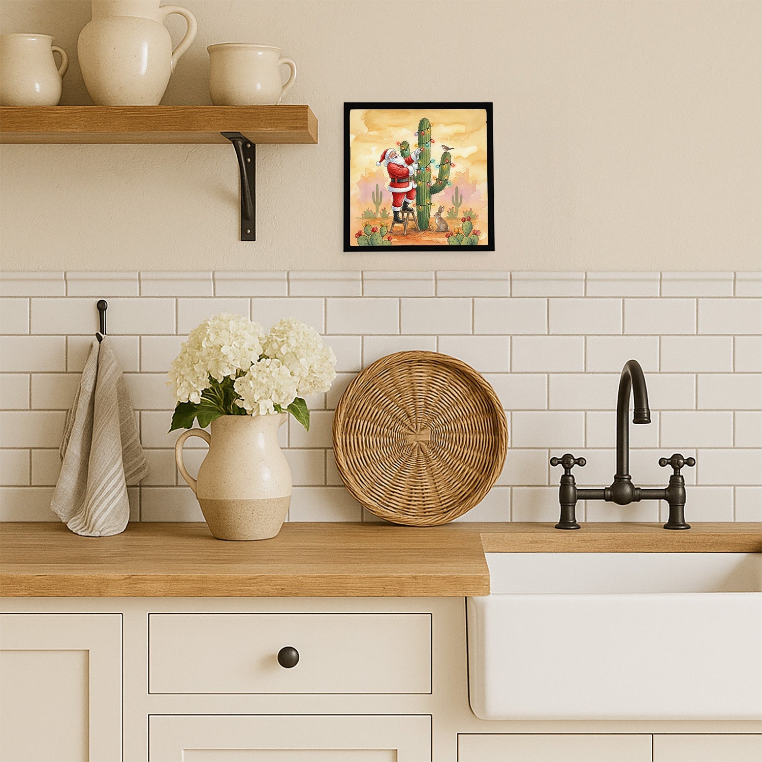 Santa Claus Decorating a Cactus Christmas Framed Metal Print Bathroom, Kitchen, Office, Home Decor Wall Art Ready to Hang, Square, 8X8