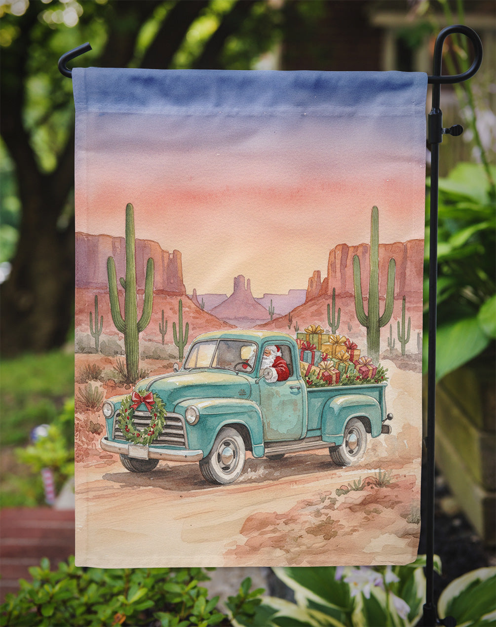Santa Claus Delivering Gifts in an Old Pickup Christmas Garden Flag Mailbox Decorative Yard Banner Outside Patio Artwork for Flower Beds, Garden Size, Multicolor