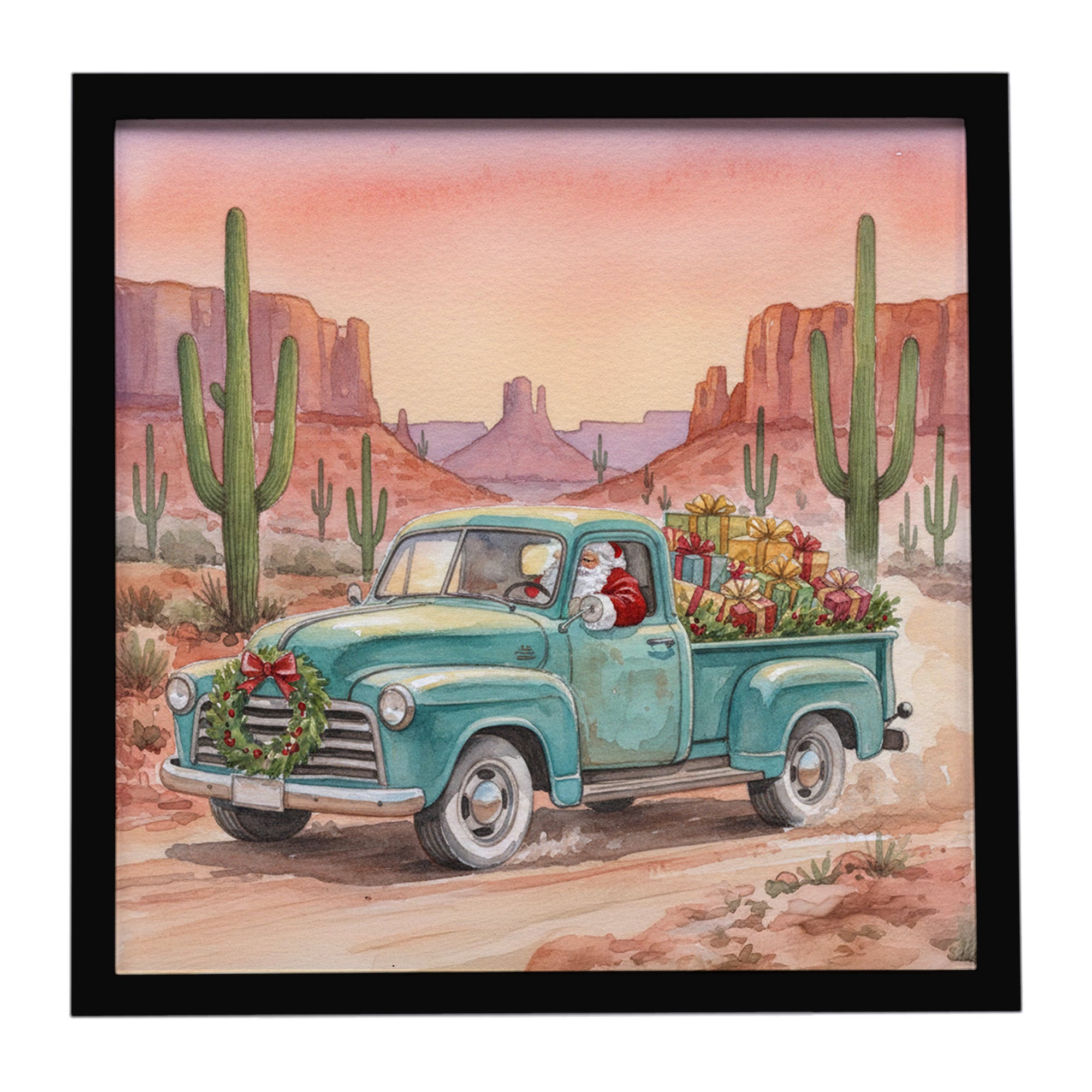 Santa Claus Delivering Gifts in an Old Pickup  Christmas Framed Metal Print Bathroom, Kitchen, Office, Home Decor Wall Art Ready to Hang, Square, 8X8