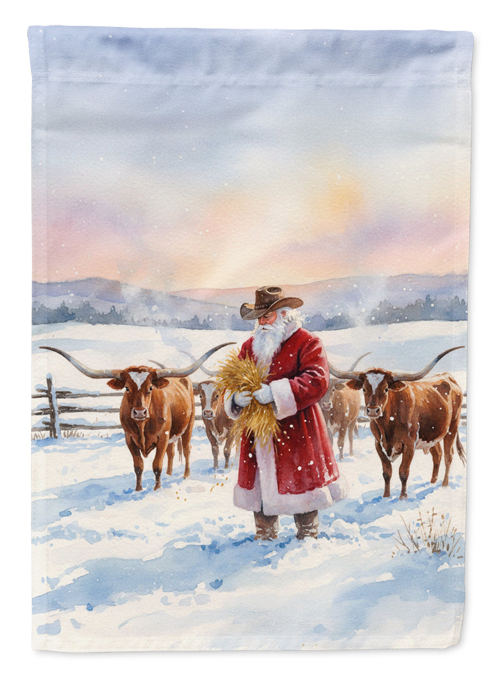 Santa Claus Feeding the Longhorns Christmas House Flag 28x40 Porch Sleeve Pole Decorative Outside Yard Banner Artwork Wall Hanging, Polyester
