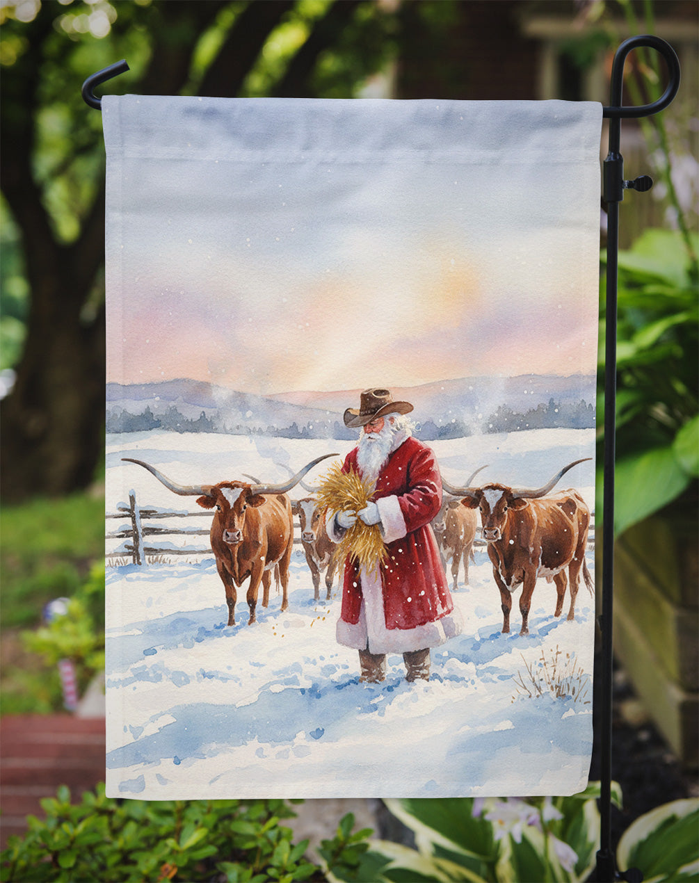 Santa Claus Feeding the Longhorns Christmas Garden Flag Mailbox Decorative Yard Banner Outside Patio Artwork for Flower Beds, Garden Size, Multicolor