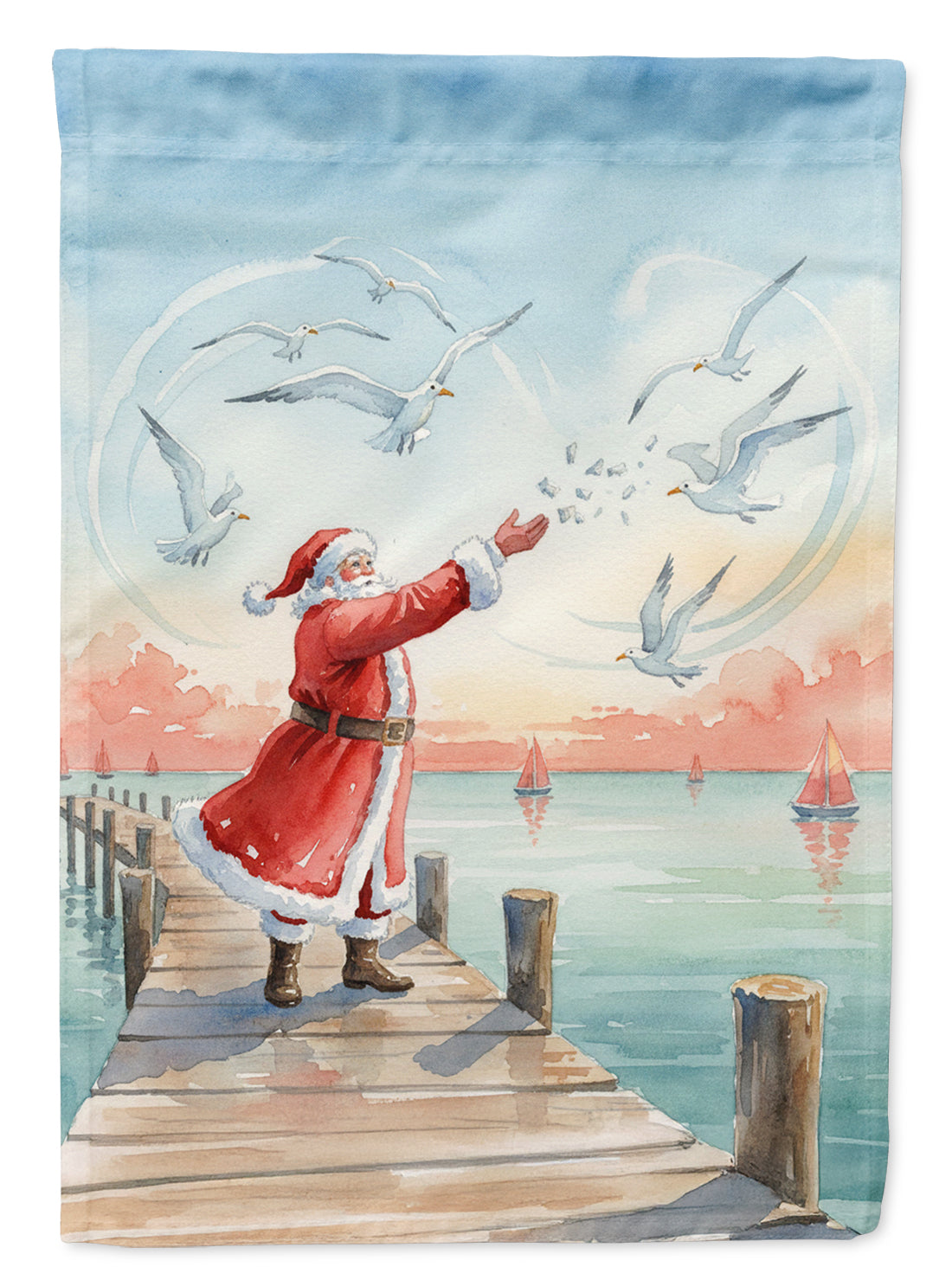 Santa Claus Feeding the Seagulls Christmas Garden Flag Mailbox Decorative Yard Banner Outside Patio Artwork for Flower Beds, Garden Size, Multicolor