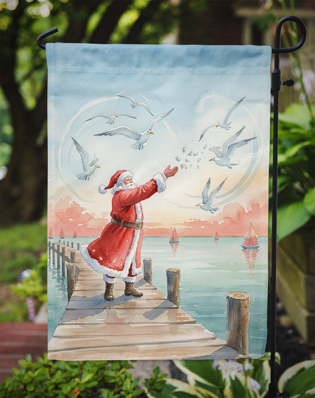 Santa Claus Feeding the Seagulls Christmas Garden Flag Mailbox Decorative Yard Banner Outside Patio Artwork for Flower Beds, Garden Size, Multicolor