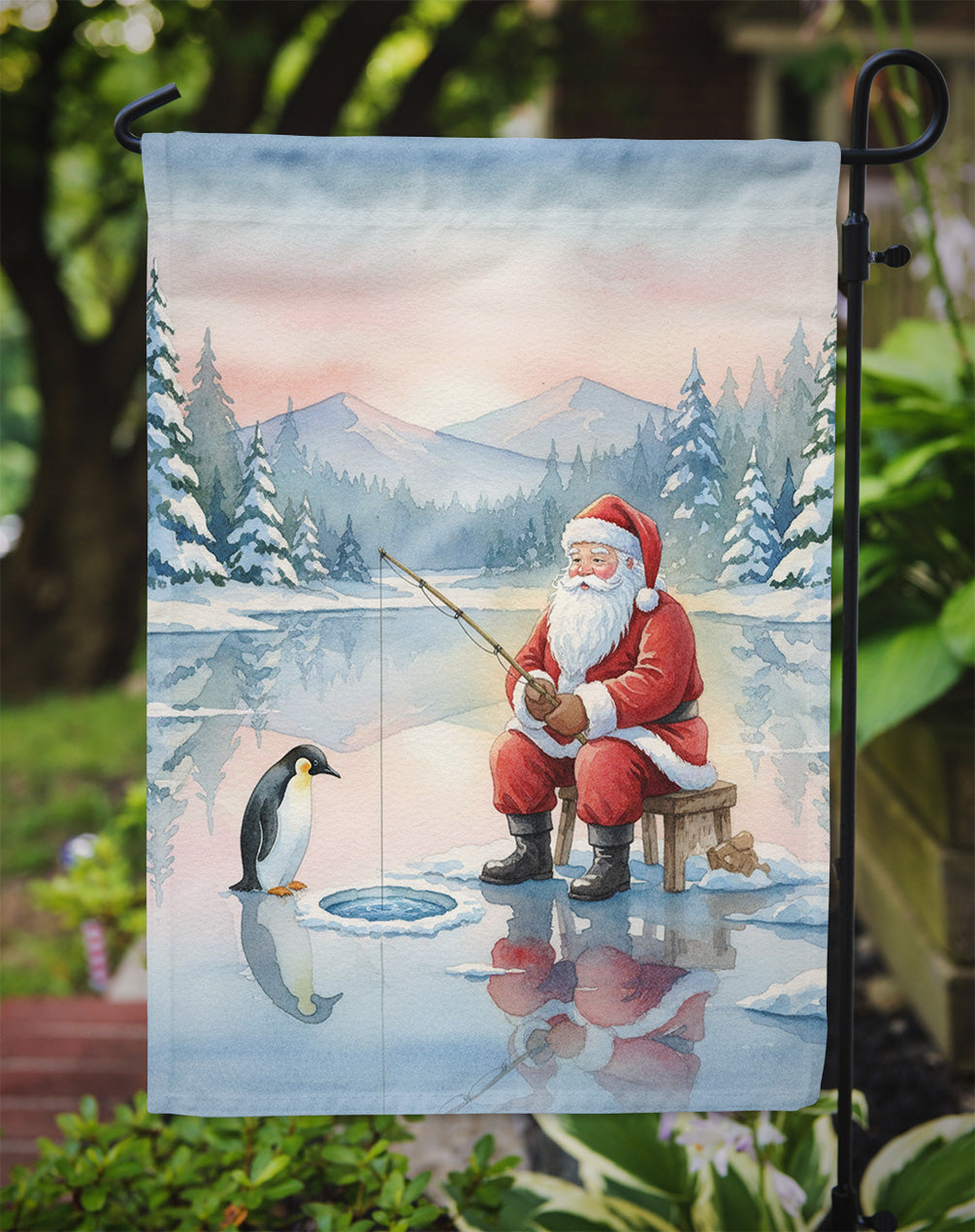 Santa Claus Ice Fishing on the Lake Christmas Garden Flag Mailbox Decorative Yard Banner Outside Patio Artwork for Flower Beds, Garden Size, Multicolor