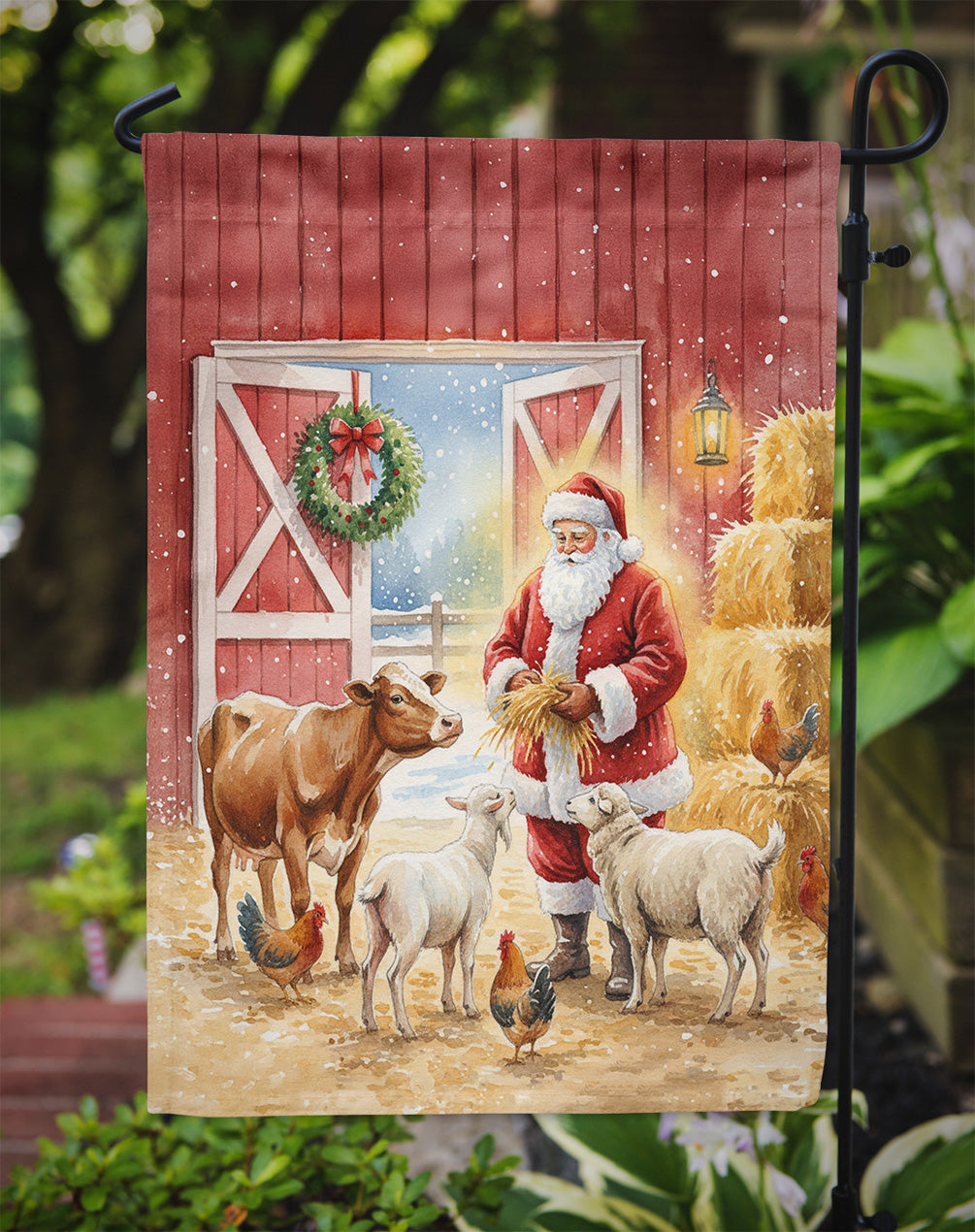 Santa Claus in the Barn with Animals Christmas Garden Flag Mailbox Decorative Yard Banner Outside Patio Artwork for Flower Beds, Garden Size, Multicolor