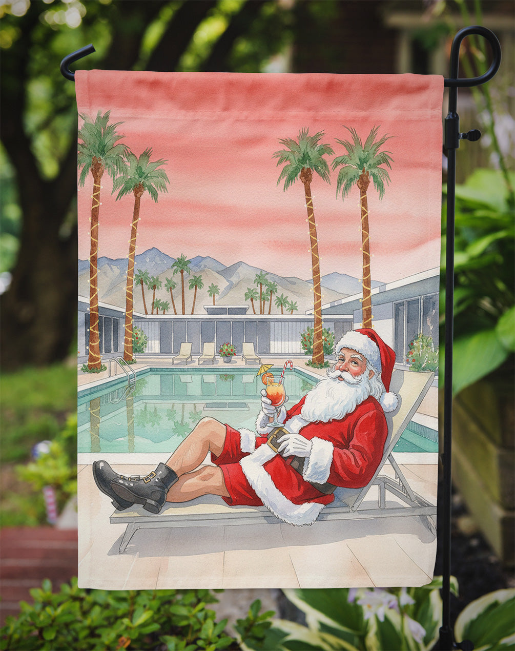 Santa Claus in Palm Springs Christmas Garden Flag Mailbox Decorative Yard Banner Outside Patio Artwork for Flower Beds, Garden Size, Multicolor