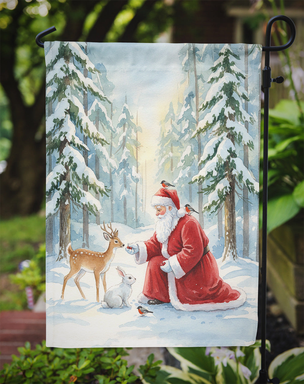 Santa Claus in the Forest with Wildlife Christmas Garden Flag Mailbox Decorative Yard Banner Outside Patio Artwork for Flower Beds, Garden Size, Multicolor