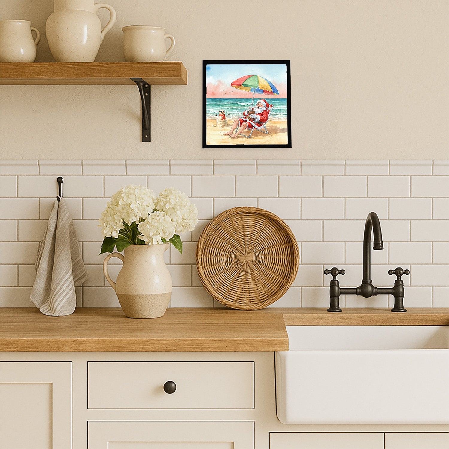 Santa Claus on the Beach Christmas Framed Metal Print Bathroom, Kitchen, Office, Home Decor Wall Art Ready to Hang, Square, 8X8