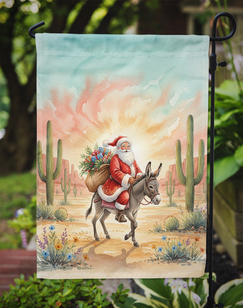 Santa Claus Riding a Burro Christmas Garden Flag Mailbox Decorative Yard Banner Outside Patio Artwork for Flower Beds, Garden Size, Multicolor