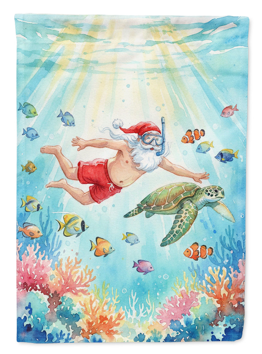 Santa Claus Snorkeling with a Sea Turtle Christmas House Flag 28x40 Porch Sleeve Pole Decorative Outside Yard Banner Artwork Wall Hanging, Polyester