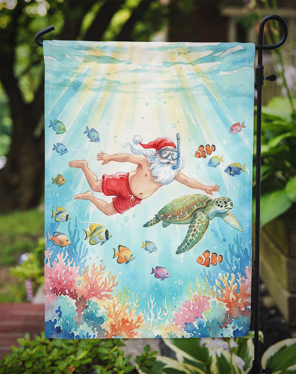 Santa Claus Snorkeling with a Sea Turtle Christmas Garden Flag Mailbox Decorative Yard Banner Outside Patio Artwork for Flower Beds, Garden Size, Multicolor