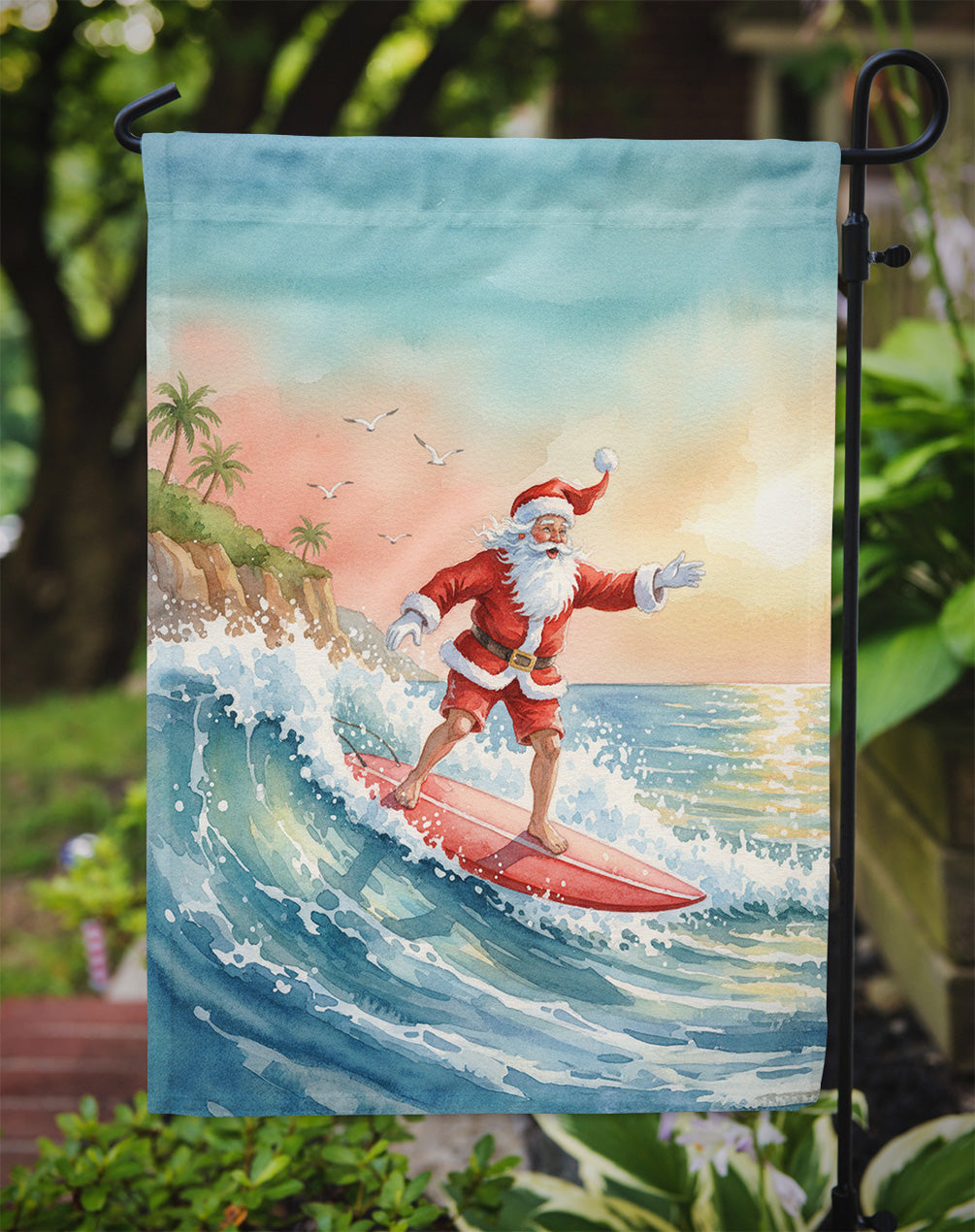 Santa Claus Surfing the Pacific Christmas Garden Flag Mailbox Decorative Yard Banner Outside Patio Artwork for Flower Beds, Garden Size, Multicolor