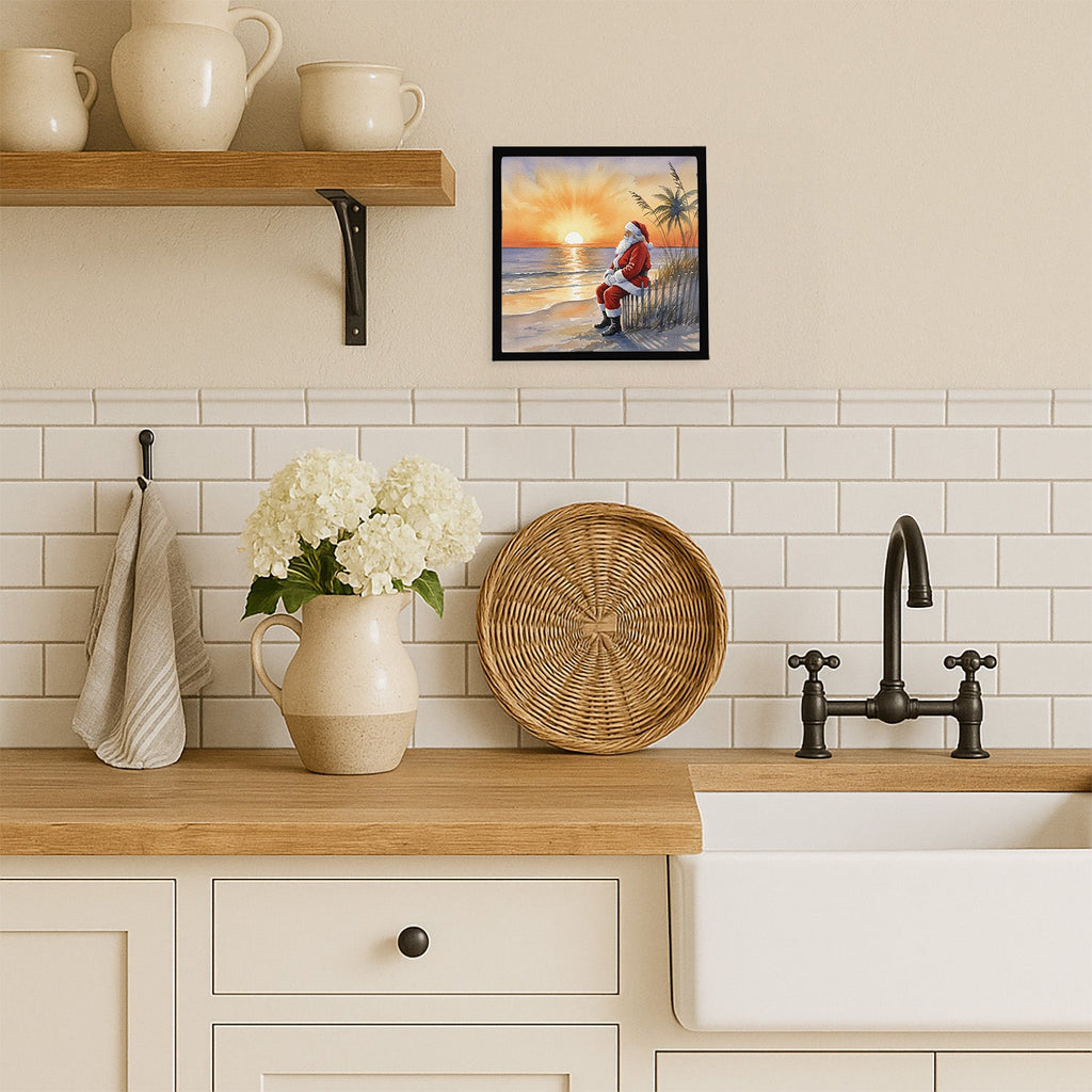 Santa Claus Watching the Sunset Christmas Framed Metal Print Bathroom, Kitchen, Office, Home Decor Wall Art Ready to Hang, Square, 8X8