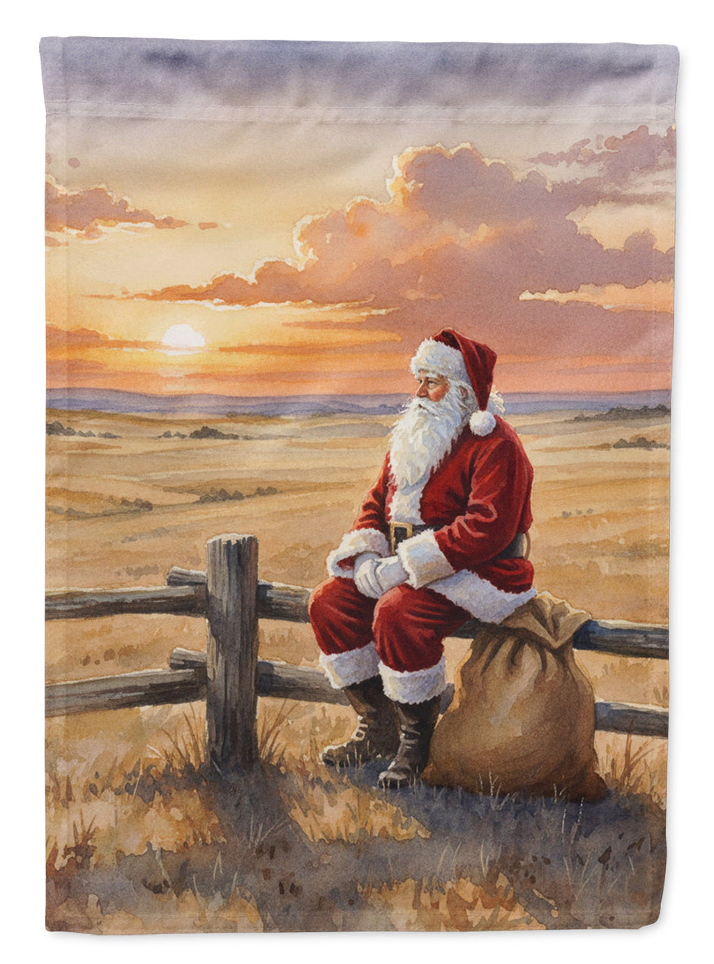 Santa Claus Watching the Sunset on the Prairie Christmas House Flag 28x40 Porch Sleeve Pole Decorative Outside Yard Banner Artwork Wall Hanging, Polyester
