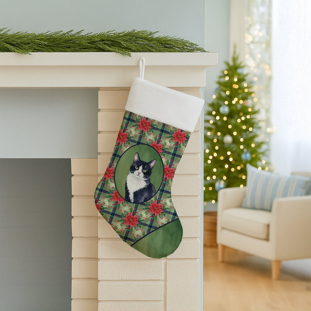 Black and White Tuxedo Cat with Poinsettias Holiday Stocking Double-Sided Print, Polyester Suede,11x18, Made in USA