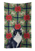 Black and White Tuxedo Cat with Poinsettias Kitchen Towel Velour Plush Front and Cotton Loop Back Machine Washable