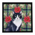 Black and White Tuxedo Cat with Poinsettias Framed Metal Print Bathroom, Kitchen, Office, Home Decor Wall Art Ready to Hang, Square, 8X8