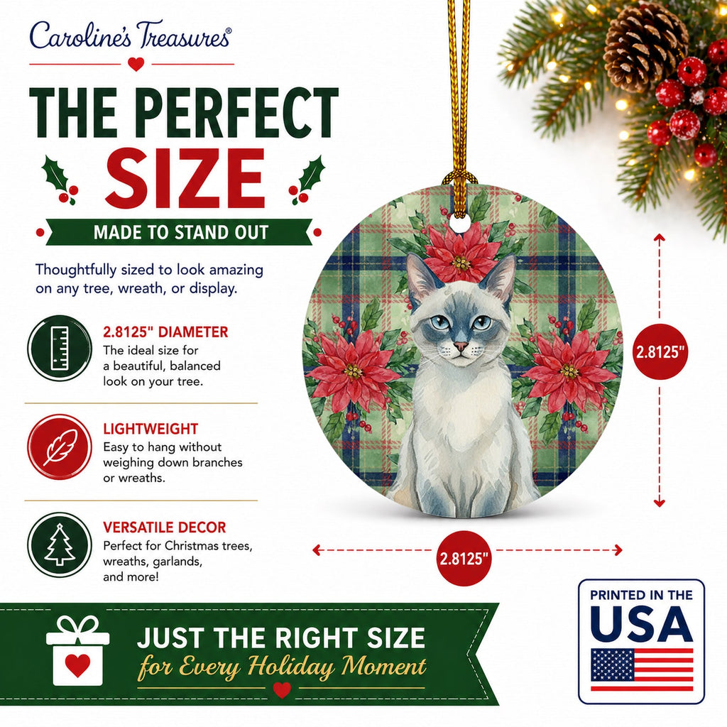 Blue Point Cat with Poinsettias Ceramic Ornament Christmas Tree Hanging Decorations for Home Christmas Holiday, Party, Gift, 3 in, Multicolor